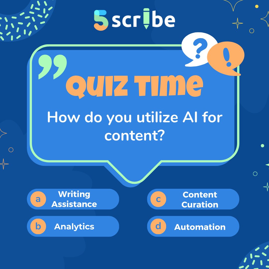 5scribe_'s tweet image. AI in Content Creation: Share your insights! 💡

Are you harnessing the power of AI in your content strategy? 

Cast your vote and let&apos;s learn from each other!    
#aiincontent #poll #ai #content #power #5scribe #quiztime