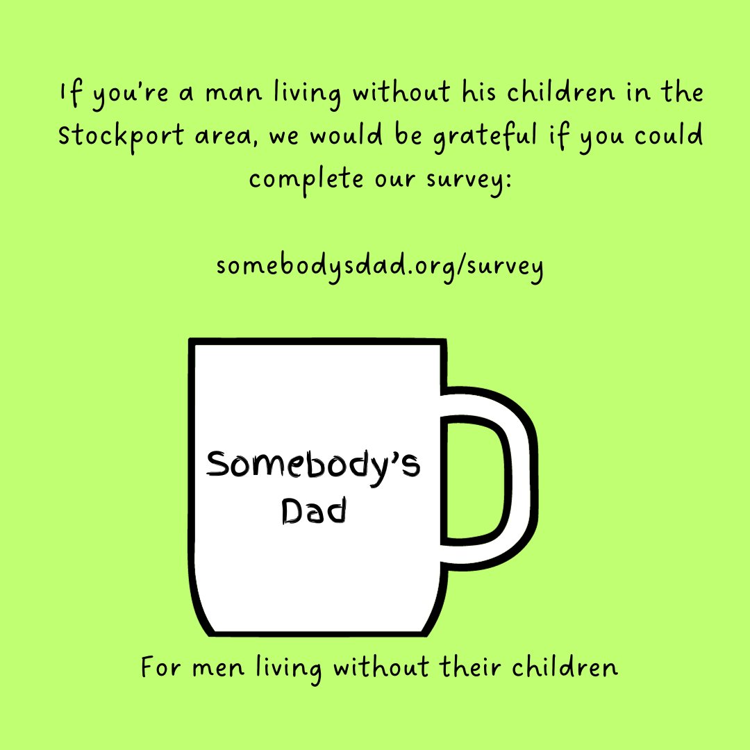 We are asking for men living without their children in the Stockport area to please fill in our short survey to help with grant funding and measure the demand for our service #stockport #mentalhealth #MentalHealthMatters #counselling #therapy #somebodysdad #anxiety #depression