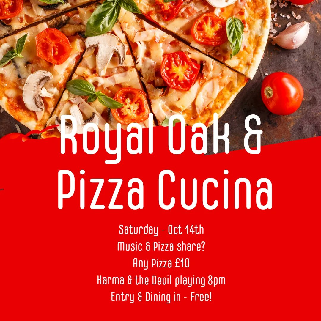 TheRoyalOakTW's tweet photo. Saturday - Oct 14th
Music &amp; Pizza share?
Any Pizza £10
Karma &amp; the Devil playing 8pm
Entry &amp; Dining in - Free!

#twevents #twlivemusic #localmusic #livemusic #twmusic #twpubs #pizzacucina https://t.co/TulM5Ys0bq