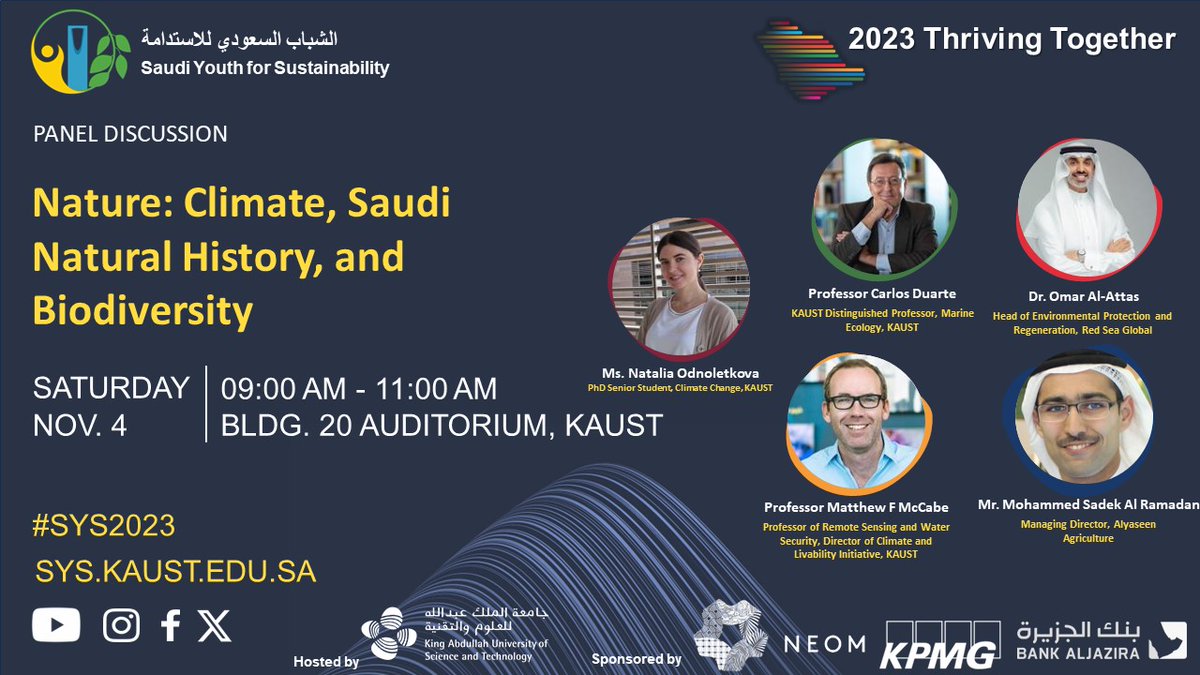 KSAYouth4S's tweet photo. The 2023 Thriving Together conference is set to welcome exceptional speakers from diverse fields of sustainability   
- Social Cohesion &amp; Well-being 
- Technology &amp; Entrepreneurship 
- Environmental Economics &amp; Policy 
- Saudi Natural Wonders  #SYS2023
https://t.co/IYZc5Cdh7Q https://t.co/XIvnIxwRLL