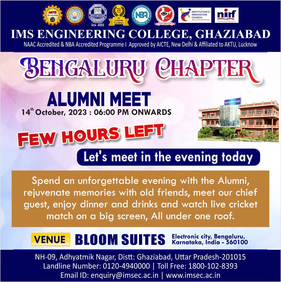 IMSECGhaziabad's tweet photo. Let's Meet in the Evening Today #bengaluru
.
.
.
#imsec143 #bangalore #reconnect #AlumniChapter #nostalgia #bengaluru #Chapter #passout #alumni #alumna #reconnect #october #AlumniMeet https://t.co/SvGfm6CMiM