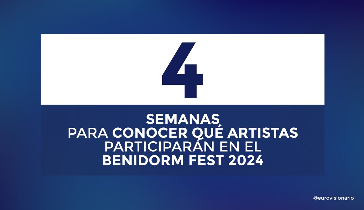 eurovisionario's tweet photo. 🔴⌛️ 4 semanas.
#BenidormFest | #BenidormFest2024 https://t.co/u6D2DyKvdn