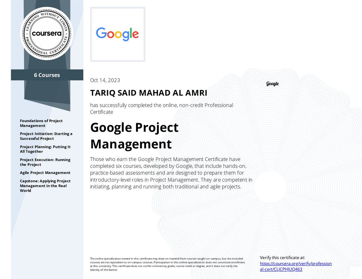 DrTariqAlAmri's tweet image. 🚀 لقد أنهيت بنجاح الكورسات الستة للحصول على شهادة #GoogleProjectManagement! 🎓✨ 
1️⃣🏗 أساسيات إدارة المشاريع 
2️⃣🚀 بداية المشروع 
3️⃣🗓 تخطيط المشروع 
4️⃣🔄 تنفيذ المشروع 
5️⃣⚙️ إدارة المشاريع الرشيقة 
6️⃣🌐 المشروع الختامي تجربة مذهلة مليئة بالتعلم والتطور! شكراً @Google