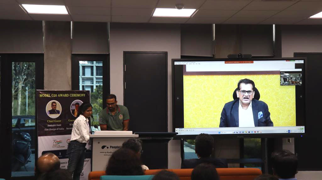 EduMinOfIndia's tweet photo. The Chief Guest, Shri @amitabhk87, G20 Sherpa of India, virtually addressed the participants and winners of the Model G20 initiative, at @IITHyderabad  with his insightful words.

The Model #G20 initiative uniquely merged education and diplomacy, refining participants' academic skills through numerous activities. It integrates learning with real-world applications, empowering them to explore education, innovation and inclusivity. 

Topics such as Sustainable Development Goals, circular economy, climate change, multilateral reforms, digitalization, women-led developments and geopolitical crises were thoroughly examined. The platform catalysed critical thinking, effective communication, and problem-solving attitudes, urging participants to address global challenges and policy issues. 

The initiative cultivated honed abilities, fostering vibrant intellectual commitment, youth energy and a profound sense of responsibility. This intellectual journey marked a milestone, encouraging participants to push knowledge and creativity boundaries. 

The achievements of participants will inspire others to contribute positively to the world. @g20org