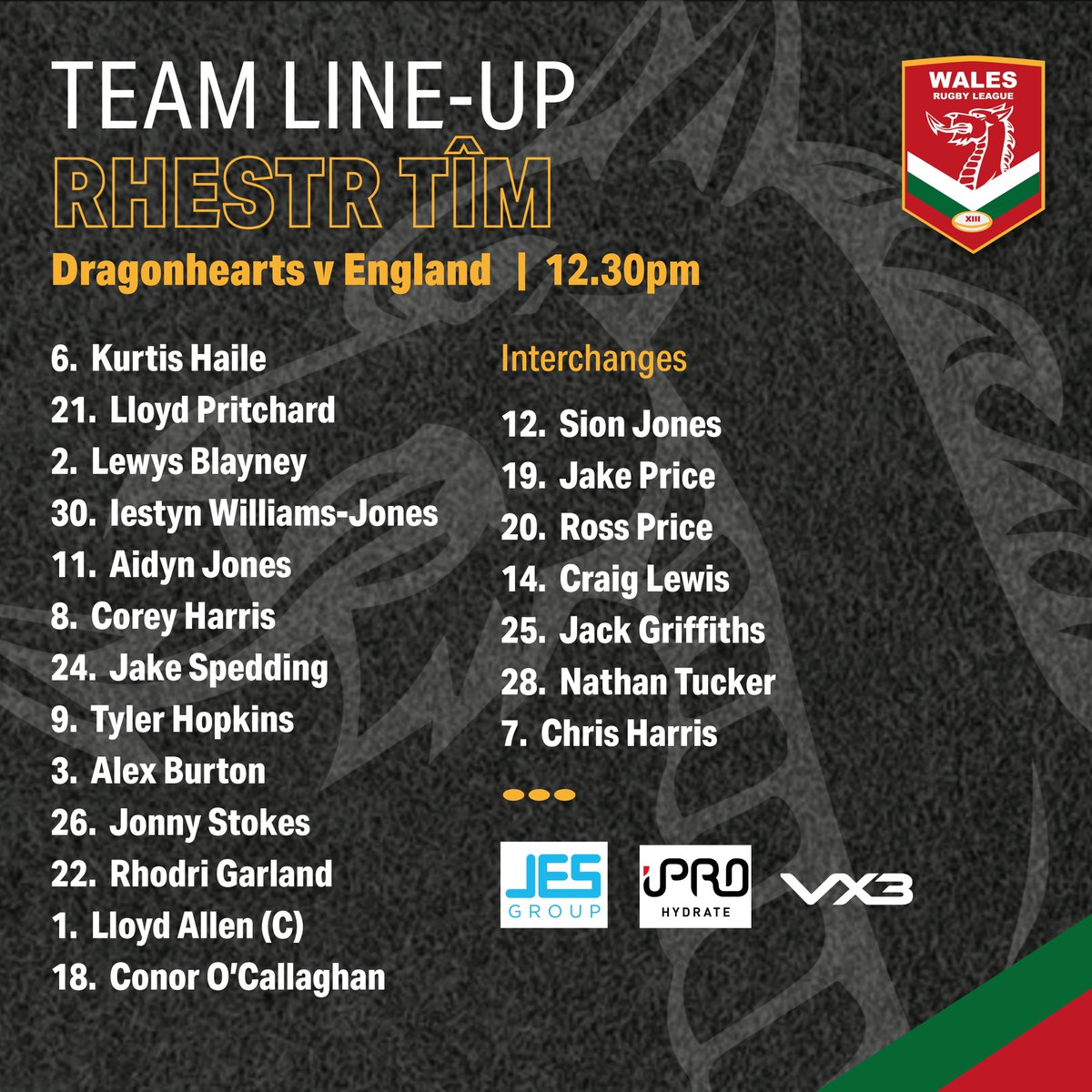 Rhestr Tîm 🏴󠁧󠁢󠁷󠁬󠁳󠁿

Here's the #CymruRL Dragonhearts side for today's big @IntRL #rugbyleague match v <a href="/England_RL/">England Rugby League</a> <a href="/lions_rl/">England Community Lions RL</a>

The match at Ruskin Drive, St Helens, kicks odd at 12.30pm and you can see live score updates and watch the match live at bit.ly/46FSnoe

Pob lwc bois!