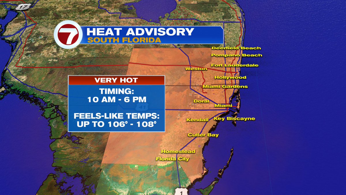 ErikaDelgadoWx's tweet image. A HEAD ADVISORY has been issued for Broward &amp;amp; Miami-Dade from 10am to 6pm today as feels-like temps could reach as high as 106°-108° for extended periods of time. If possible, limit prolonged periods of time outdoors and remember to hydrate! @wsvn @7weather