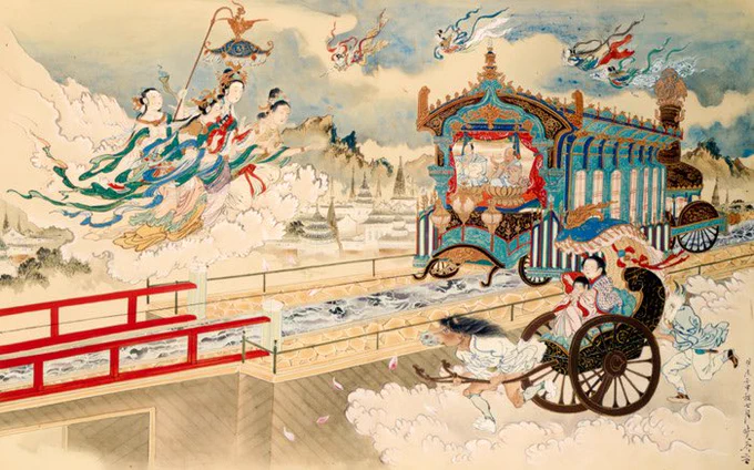 今日は #鉄道の日 なので、「地獄極楽めぐり図」(河鍋暁斎 作)の一部にある、開業年に描かれた極楽行き汽車。