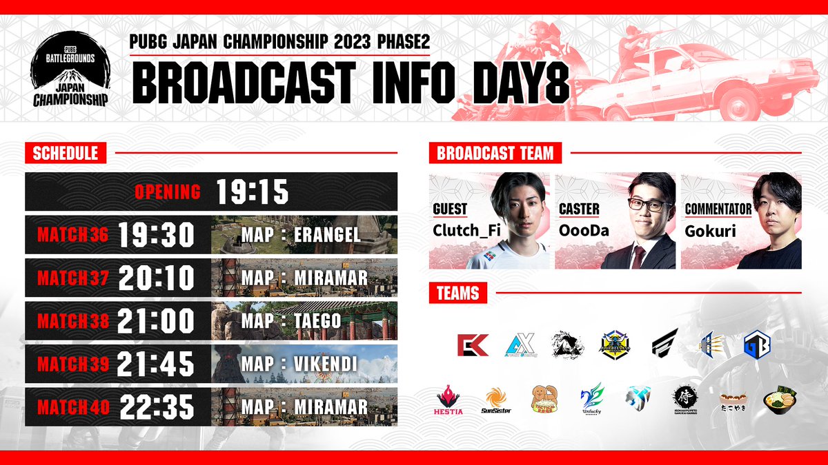 PUBGEsports_JP's tweet photo. 🗻 #PUBG JAPAN CHAMPIONSHIP 2023 Phase2

🗓️WEEK3：10月14日(土)
⏰19時30分試合開始
🗺️Erangel, Miramar, Taego, Vikendi

🎙️ @OooDa @Gokuri_kuyao
🔥 @Clutch_Fi

🔴https://t.co/USj246y6a1
🟣https://t.co/oMFh0AMXUx

#PUBGEsports #PJC2023 https://t.co/uLN9XCfY32