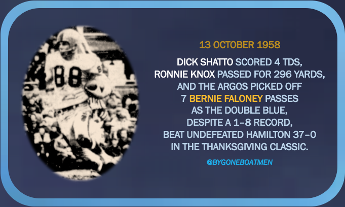 BygoneBoatmen's tweet photo. On this day in 1958, the last-place Argos beat the undefeated Ticats by thirty-seven points in one of the biggest upsets in Double Blue history.
#Argos150 #PullTogether #YeaArgos https://t.co/21hFA2qY1j