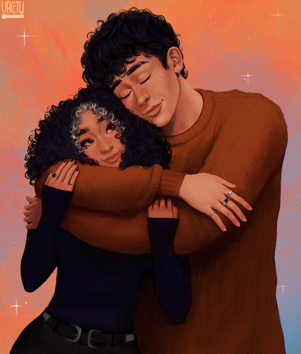 1girl 1boy black hair dark skin ring jewelry hug  illustration images