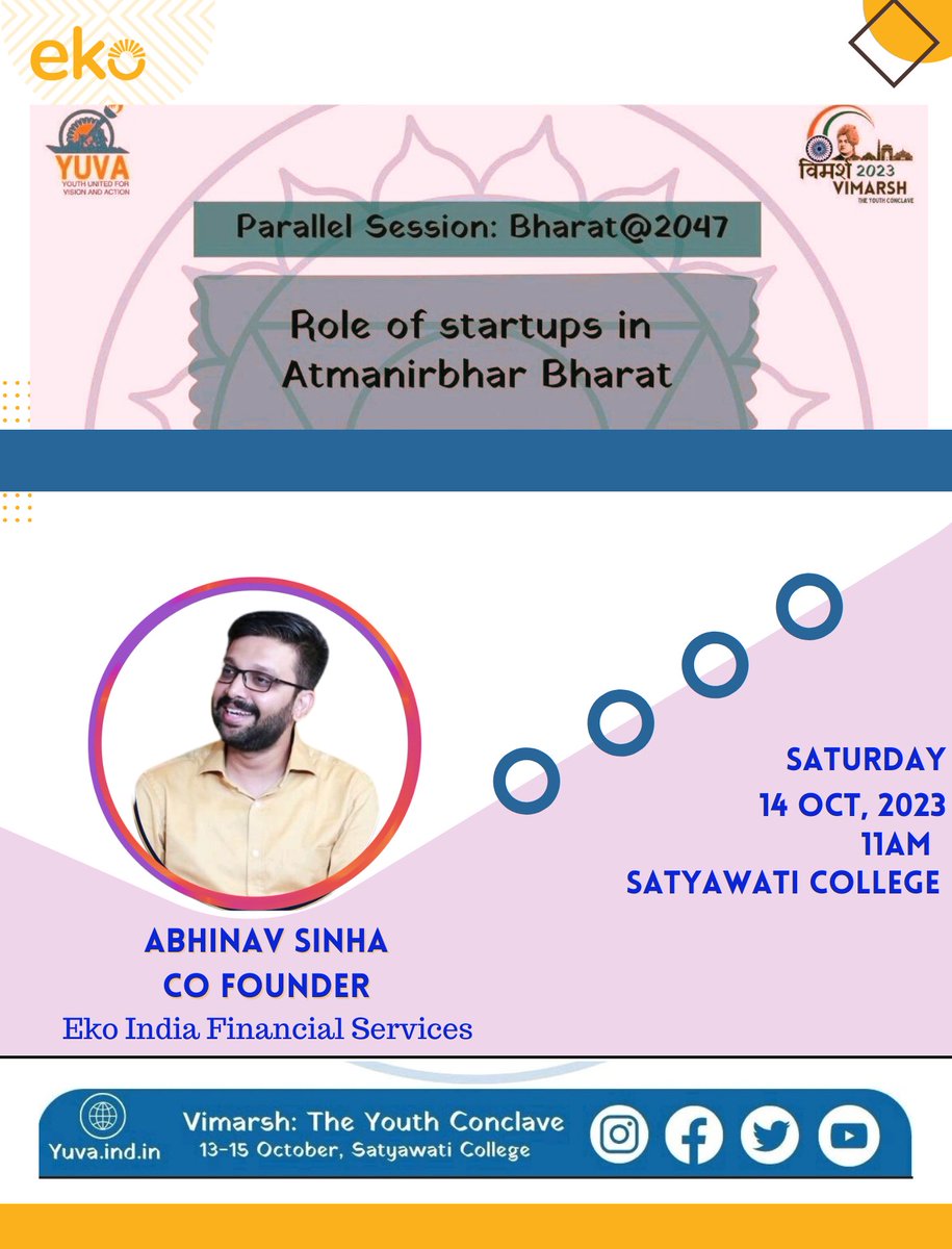 Our Cofounder <a href="/sinhabhinav/">Abhinav Sinha</a>  will be part of the Panel Discussion on 'Bharat@2047 - The Role of Startups in Atmanirbhar Bharat.'today at Satyawati College, Unviversity Of Delhi today.

#ekotalks #founderstalk #algobharat #financialinclusion #Vimarsh2023 #AtmanirbharBharat