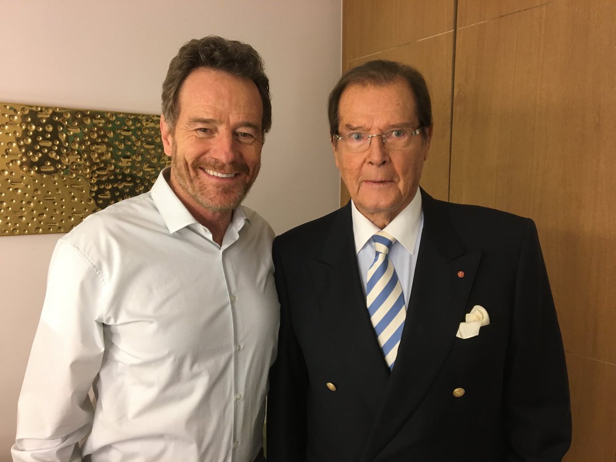 Happy heavenly birthday to Roger - seen here with #briancranston from #breakingbad - he’d recently seen the box set and couldn’t wait to tell Brian how brilliant he thought the show was! Gone but never forgotten.