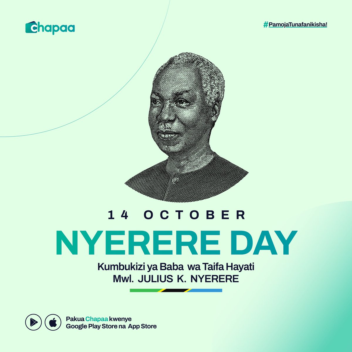Leo ni siku maalumu ya kumbukizi ya Shujaa, mpigania uhuru na umoja wa Taifa letu pendwa Tanzania 🇹🇿.

Tuna mengi ya kujivunia kuhusu wewe, Daima tutakuenzi❤️. Happy Nyerere Day 🇹🇿 
#MwalimuNyerere #NyerereDay #Uhuru #Umoja #Tanzania #Chapaa #ChapaaApp