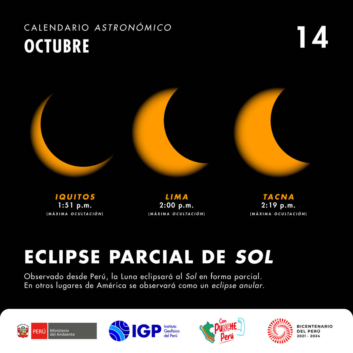 igp_peru's tweet photo. ¡Prepárate para el Eclipse Parcial de Sol! 📷📷
Una maravilla cósmica se aproxima: la Luna se situará entre el Sol y nuestro planeta produciendo un ocultamiento parcial del astro rey. En algunos lugares de América se verá como un eclipse anular, pero en el Perú será parcial. https://t.co/Zbdni2hxU1
