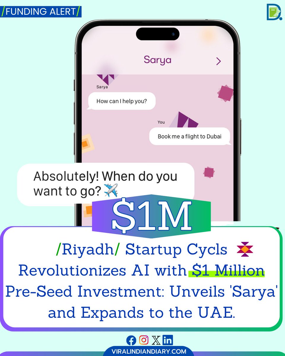 #FundingAlert /Riyadh, Abu Dhabi/ @Cycls_ Revolutionizes Al with $1 Million Pre-Seed Investment: Unveils '@Saryaapp' and Expands to the UAE.

#Cycls #DiriyahXsarya #DiscoverDiriyah #Sarya #AIchatbot #AIStartup #Superchat #Riyadh #Startupfunding #ViralIndianDiary