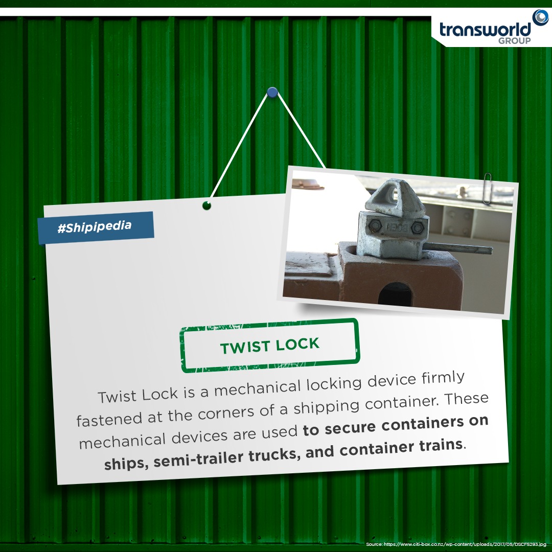 TransworldTweet's tweet photo. #Shipipedia - Today's word is #TwistLock
#StayTuned on our page to know more about the terms.
#TransworldGroup #Shipping #Logistics #Shipipedia #FunTime https://t.co/kTNGczfGwv