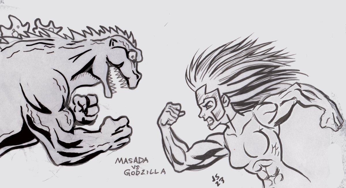 thestaronyx's tweet photo. quick sketch for Cartoonist Kayfabe day 14 featuring the theme of 'Kaiju'.   Godzilla vs Team Youngblood's Masada.  They could have had her fighting giant monsters, a missed opportunity for Image comics.    #kayfabetober2023    #kayfabetober https://t.co/ZDvozfbpzN