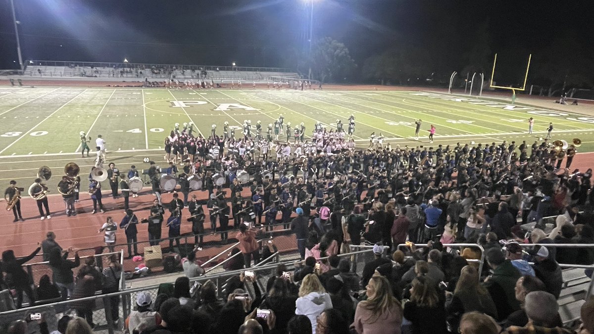 gmiller9904's tweet photo. It was a good night for the Paly Vikings, Greene Jaguars, and the JLS Panthers bands!  Look at this mega band!  @PAUSD_VAPA puts the U in PAUSD!  We are UNIFIED in our pursuit of excellence. SKO VIKES! https://t.co/bIl4nhZmlj