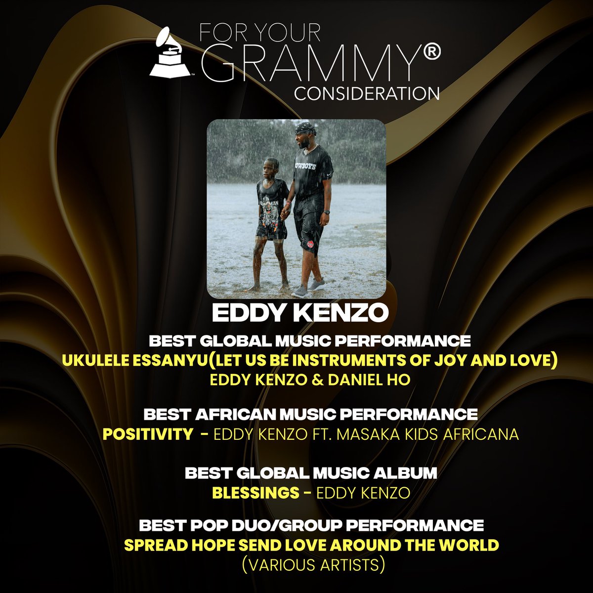 I can’t stop thanking God for the Blessings. I look back at the times when I had no hope, when I was a no body on the streets of Masaka and Kampala. Having all these tracks up for consideration for Grammys <a href="/RecordingAcad/">GRAMMYS</a> is indeed a miracle. I’ll keep sharing and spreading love