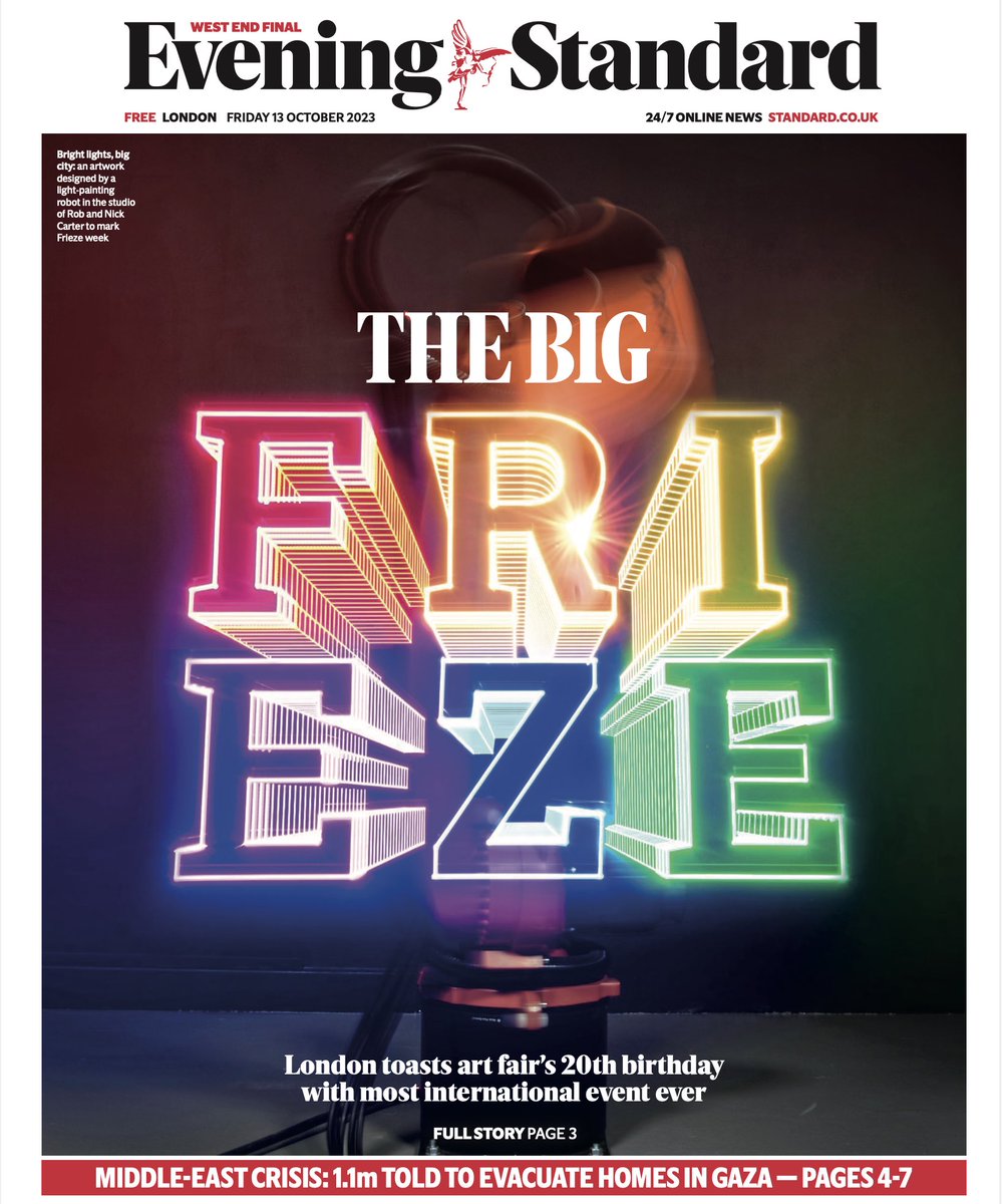 We are absolutely delighted to have created the cover for today’s Evening Standard celebrating 20 years of the Frieze Art Fair. A still photograph taken with a long exposure from a fixed camera position, capturing our robot drawing in a dark space with light. Using AI and over
