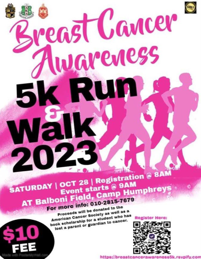 On Saturday, Oct  28, JOIN the Korea chapters of ΑΚΑ, ΔΣΘ, & ΑΦΑ at the 2023 Breast Cancer Awareness 5K Run & Walk. #AKA1908 #SoaringWithAKA #KoreaAKAs #RavishingRhoNuOmega #SoaringToGreaterHeights #IngeniousInternationalRegion #RhoNuOmega #UpliftOurCommunity #EmpowerOurFamilies