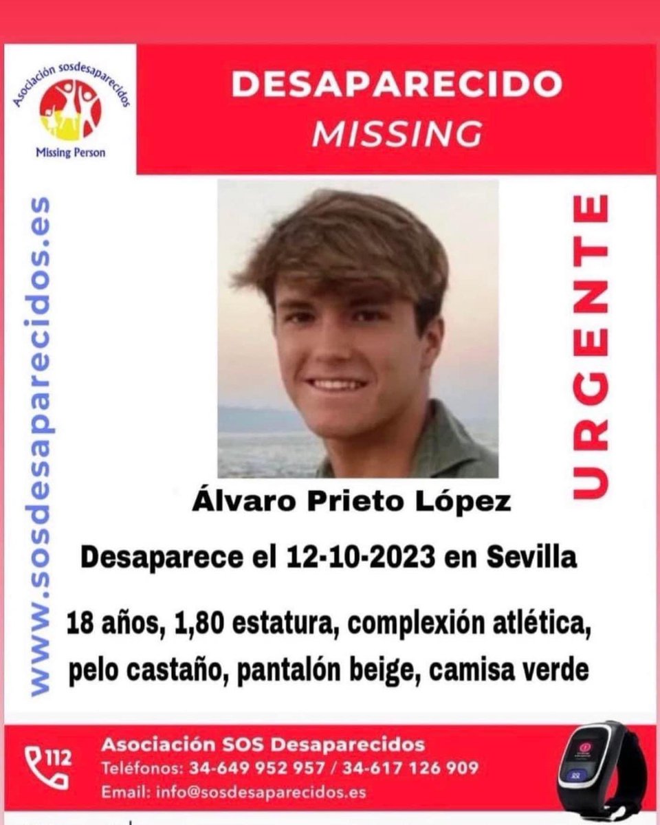 🆘 Álvaro Prieto, jugador del #JuvenilACCF, desaparecido el pasado día 12 de octubre en Sevilla. 

La última vez que fue visto fue a las 09:30 h en la estación de Santa Justa. 

Vestía pantalón beige y camisa verde.

Se agradece máxima difusión para ayudar a encontrarlo.