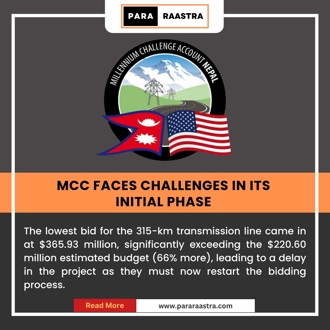 pararaastra's tweet photo. There's been a setback in the initial phase because bids for a 315-km transmission line came in much higher than the estimated budget of $220.60 million. The lowest bid was $365.93 million (66% higher than the original estimates), causing a delay.

#mcc #mcanepal #usnepal https://t.co/vLZ7LJw4dF
