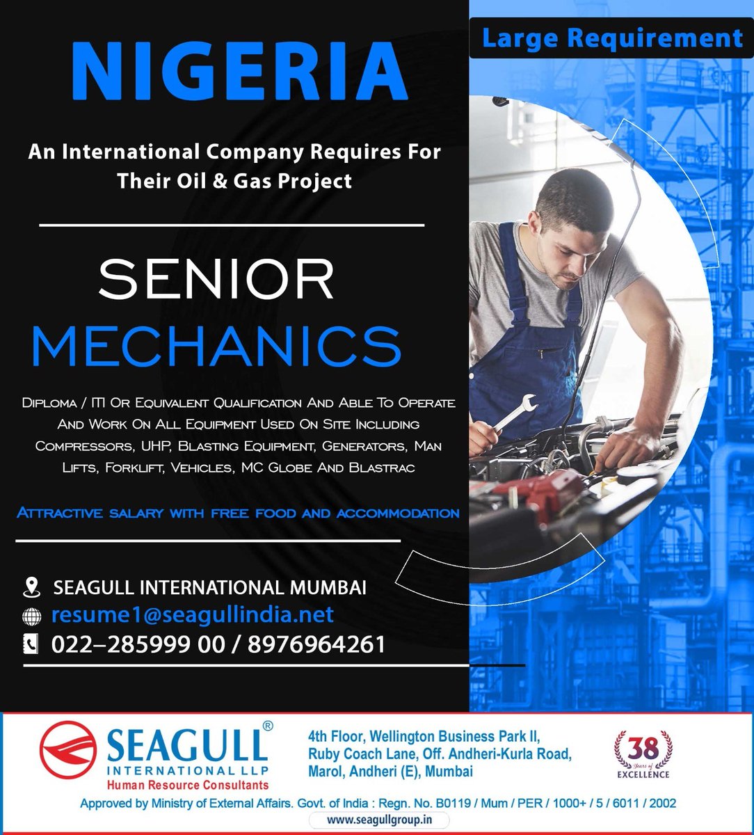 🇳🇬Nigeria Jobs 
‼️Large Requirement
.

.

.
#nigeriajobs #seagull #mumbaijobs #seniormechanics