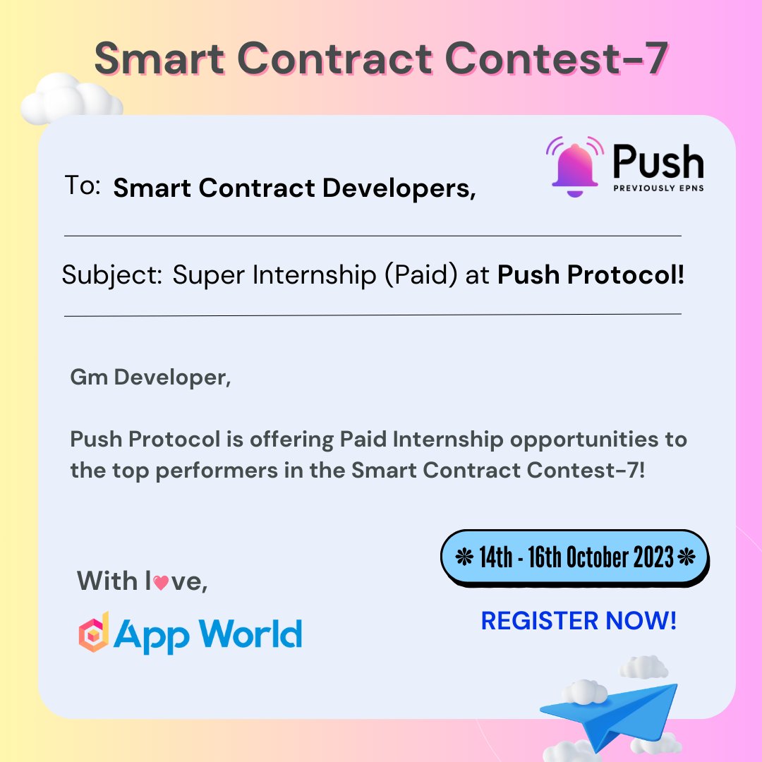 Smart Contract Contest-7 goes live🚀

Here's your chance to land a Super Internship(Paid) <a href="/pushprotocol/">Push</a> 😎

Participate NOW :
dapp-world.com/contests/conte…

Tag your Dev frens and don't let anyone miss this opportunity!

#SmartContractContest