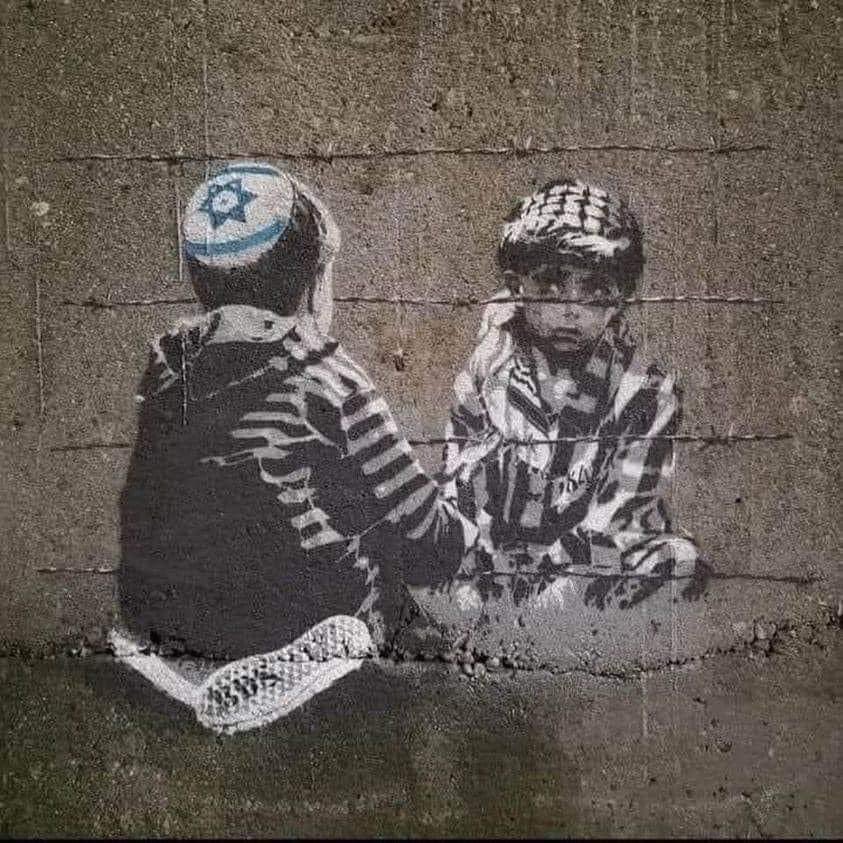 A life is a life, not made more valuable by your race, religion, background or the land you sit on. No parent should lose a child, no child a parent, no human another human. No side that wins with violence. No winners in war. No land holds more value than life. 

Art by Banksy