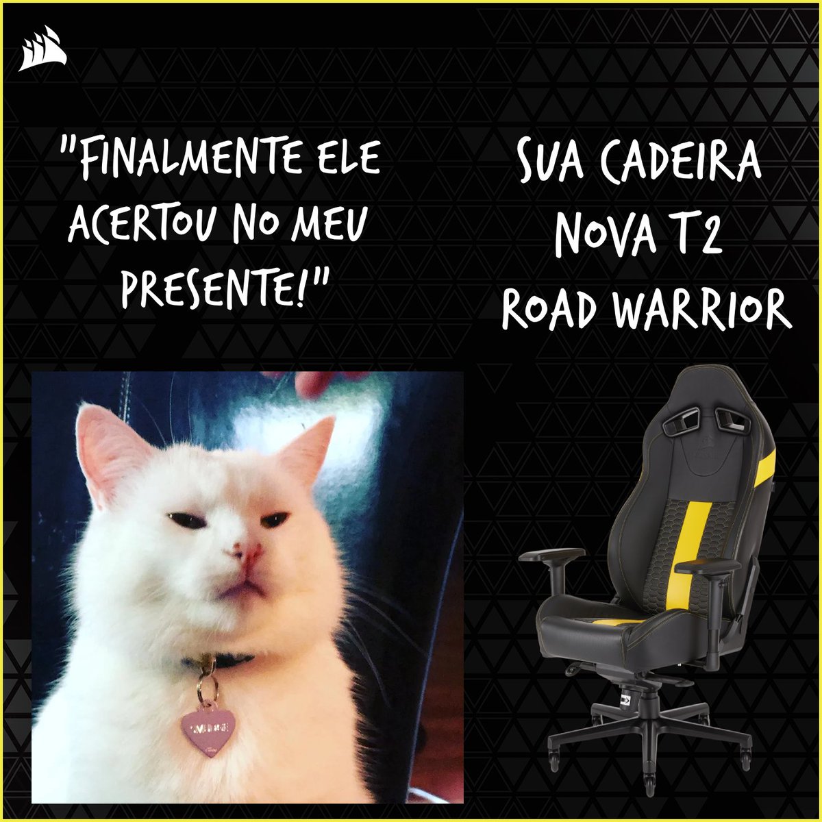 Corsair_BR's tweet photo. Quem tem um gato que usa a sua cadeira? 🐈
Faça o upgrade da sua cadeira na @pichauinfo https://t.co/nfrQqoG3kK
#corsair #meme #cadeiragamer #catsair https://t.co/CXkRv0VpfZ