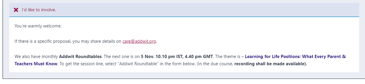addwit_now's tweet photo. Addwit Roundtable
-----------
📅 Sunday 5 Nov. 
⌚️ 10.10 pm IST / 4.40 pm GST
📌 Theme - Learning for Life Positions: What Every Parent &amp; Teachers Must Know
🔗 Get link - https://t.co/VWxoCxRfqz 
⏯️ (In due course, recording shall be made available).

#parenting #education https://t.co/1NLzC4AaIN