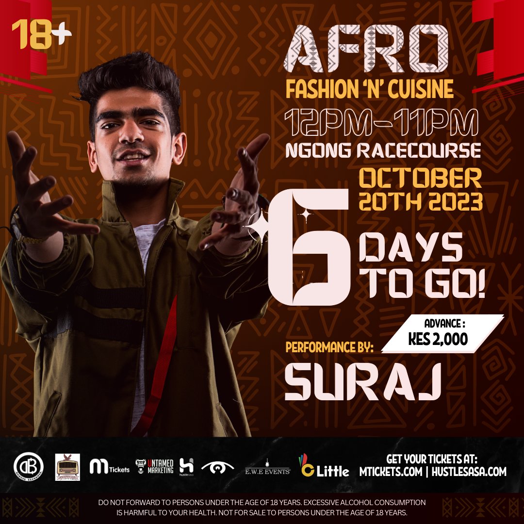 Harrambehke's tweet photo. T-6 days TO GO
Nairobi's ultimate #MashujaaDay party #AfroFashionNCuisine
Head onto @hustlesasa or @mticketsevents_ NOW

#AfroFashionNCuisine #Fashion #Music #Cuisine #UntamedMarketing  #Africa #Nairobi #AfricanHeritage #Statepeneastentertainment #karmakarzyentertainment https://t.co/eBYOu6thPe