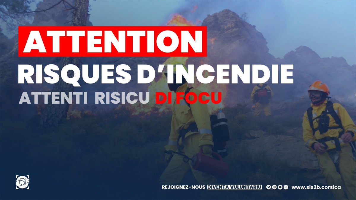 Risichi Di Focu . Attenti PERICULU 
⚠️ Vent fort  attendu en Corse ce WE : les risques d’incendie sont très élevés.
🔥 les écobuages sont interdits
🚫 ne jouez pas avec le feu, 
📛 ne prenez pas de risques.
☎️ contactez le 112
🚨 nous comptons sur vous
🚒🚧🏘️
☎️📍📛
