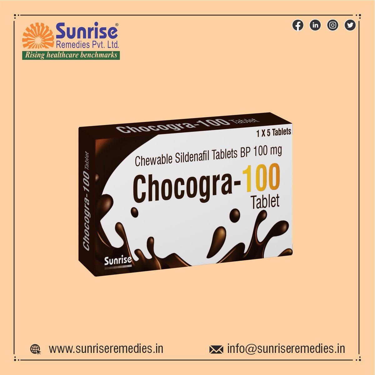 Chocogra Chewable Generic Sildenafil Chewable Most Popular Products From Sunrise Remedies Pvt. Ltd.  

Read More: sunriseremedies.in/our-products/c…

#SildenafilChewable #TadalafilChewable #Dapoxetine #Vardenafil #Avanafil #Udenafil #EDproducts #PEProducts #PharmaceuticalCompany #Sunrise