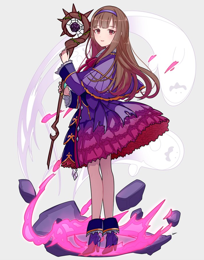 1girl long hair brown hair solo staff hairband dress  illustration images