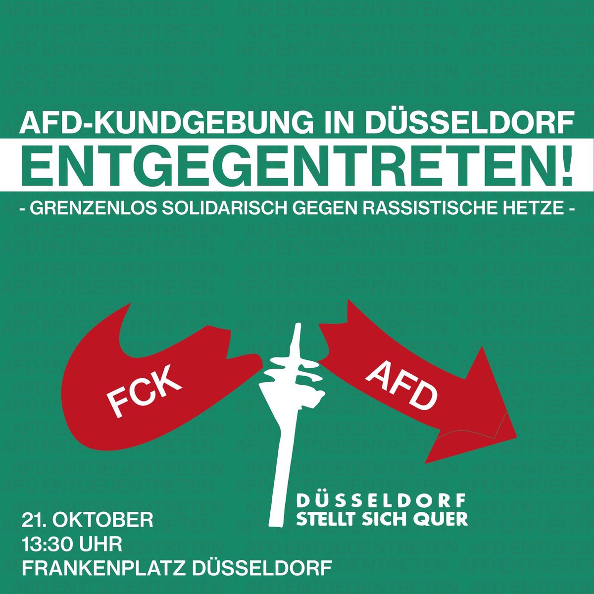 duesseldorfquer's tweet image. Der AfD-Kundgebung in Düsseldorf entgegentreten! 
Grenzenlos solidarisch gegen rassistische Hetze.
Protestkundgebung auf dem Frankenplatz in Derendorf
Sa., 21. Okt. 2023 (#dus2110), 13:30 Uhr
Der Düsseldorfer Kreisverband der extrem rechten AfD mobilisiert aktuell zu einer