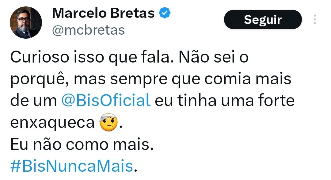 pmarcelo1972's tweet image. UTILIDADE PÚBLICA 
Consumo de Bis pode desencadear dor de cabeça. Fica a dica.
#BisNuncaMais