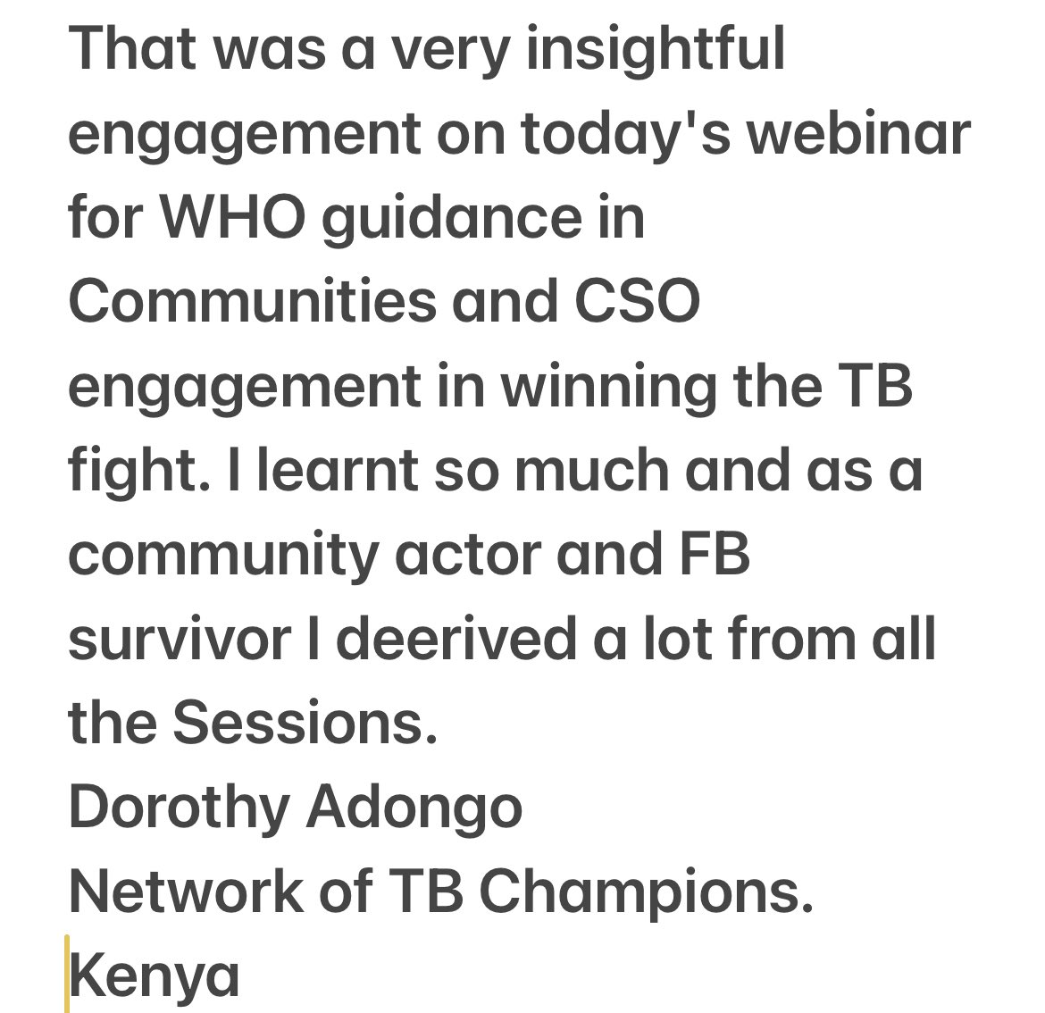Blessina Kumar (@blessi_k) on Twitter photo Encouraging words from our partner. We really hope this guidance document will help move the community engagement agenda for <a href="/G_C_T_A/">GCTA</a> @who <a href="/evaline/">Vallée Eve</a> <a href="/TerezaKasaeva/">Tereza Kasaeva</a> <a href="/rogerpaulk/">Evangelist Roger Paul K. Rwamushanju</a> <a href="/WHO/">World Health Organization (WHO)</a>SEARO #CSTF YES we can End TB and WE WILL! Encouraging words from our partner. We really hope this guidance document will help move the community engagement agenda for <a href="/G_C_T_A/">GCTA</a> @who <a href="/evaline/">Vallée Eve</a> <a href="/TerezaKasaeva/">Tereza Kasaeva</a> <a href="/rogerpaulk/">Evangelist Roger Paul K. Rwamushanju</a> <a href="/WHO/">World Health Organization (WHO)</a>SEARO #CSTF YES we can End TB and WE WILL!