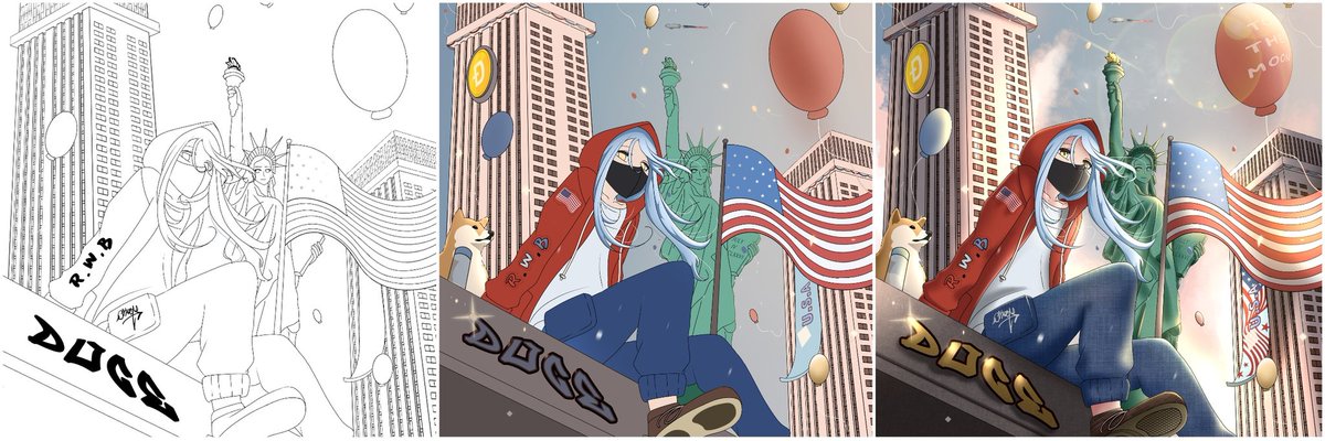 akarayume's tweet image. Good morning!
Finally I was able to submit my entry to the Red White Blue @StielHugh contest 🇺🇲
This is my art with anime style

Use handdrawn to complete this work💯
And I included WIP for this art🥰🙏 thank you so much for the opportunity

#NFTs #NFT #NFTContest #AkarayumeVerse