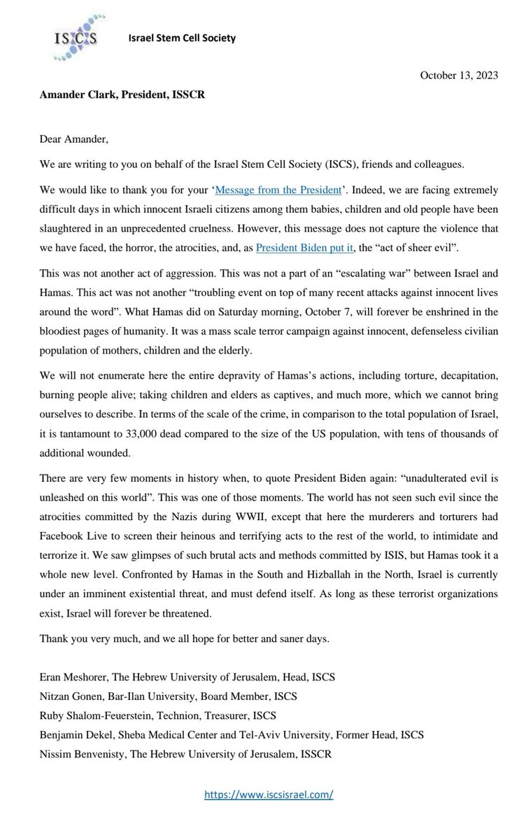 Here's the response from the Israel Stem Cell Society