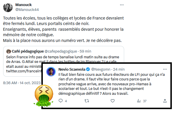 MathsRouge's tweet photo. Au lendemain même de l'assassinat de notre collègue, les haineux et autres #ProfsBashing sont déjà à l’œuvre... Tels des vautours se délectant de notre malheur, se servant du cadavre de l'un des nôtres comme marche pied à la promotion de leurs "pensées" fascistes. https://t.co/diSoHA5TC1