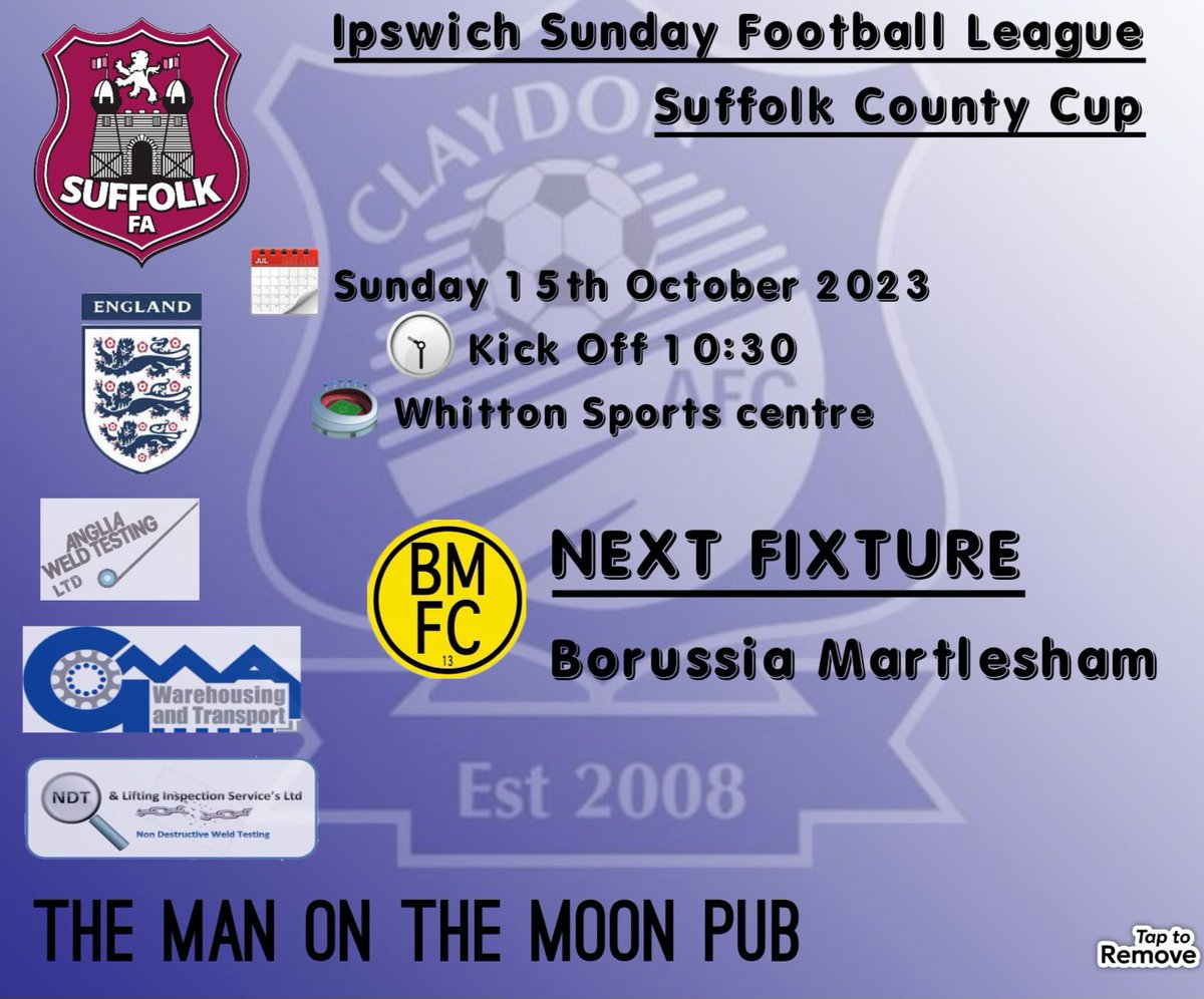 This sunday we take on inform team <a href="/BMFC13/">Borussia Martlesham</a> in the 2nd round of the <a href="/SuffolkFA/">Suffolk Football Association</a> County cup. 

Get down and support us and help us to the 3rd round.

#weareclaydon 
#wearemassive 
#uppaclaydon