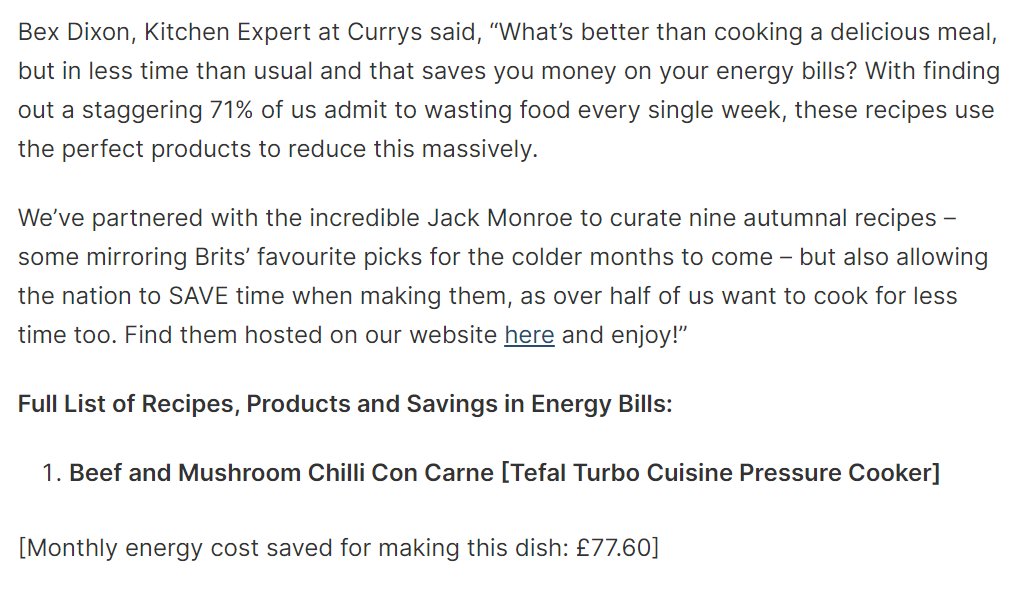 ripx4nutmeg's tweet image. Retailer Currys has employed activist cook Jack Monroe to promote energy saving recipes using its appliances. They absurdly claim cooking her chilli con carne will save £77.60 per month. This comes after her latest book was banned from food banks for containing &apos;dangerous advice&apos;