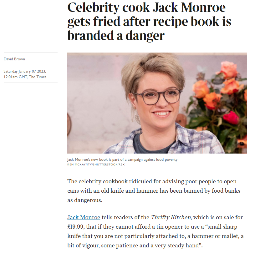 ripx4nutmeg's tweet image. Retailer Currys has employed activist cook Jack Monroe to promote energy saving recipes using its appliances. They absurdly claim cooking her chilli con carne will save £77.60 per month. This comes after her latest book was banned from food banks for containing &apos;dangerous advice&apos;