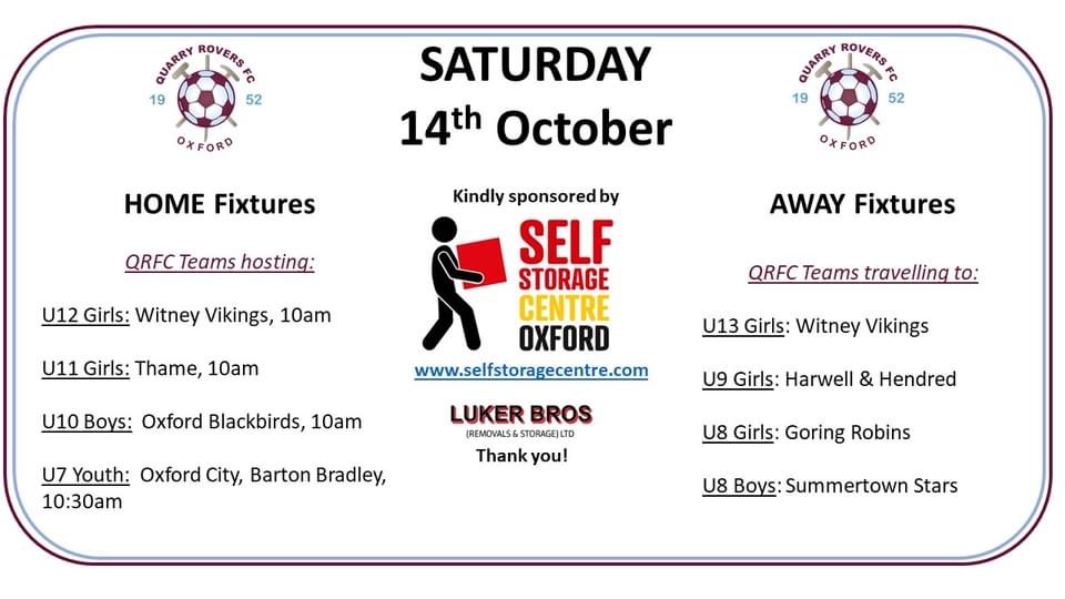 The pitches are passed fit after the rain and our u11 and u12 girls host @thameunitedfc and @WitneyVikings at the Rec at 10am. U10 boys host @OxBlackbirds at 10.30. u7s play @OxCityFC at Barton Bradley.