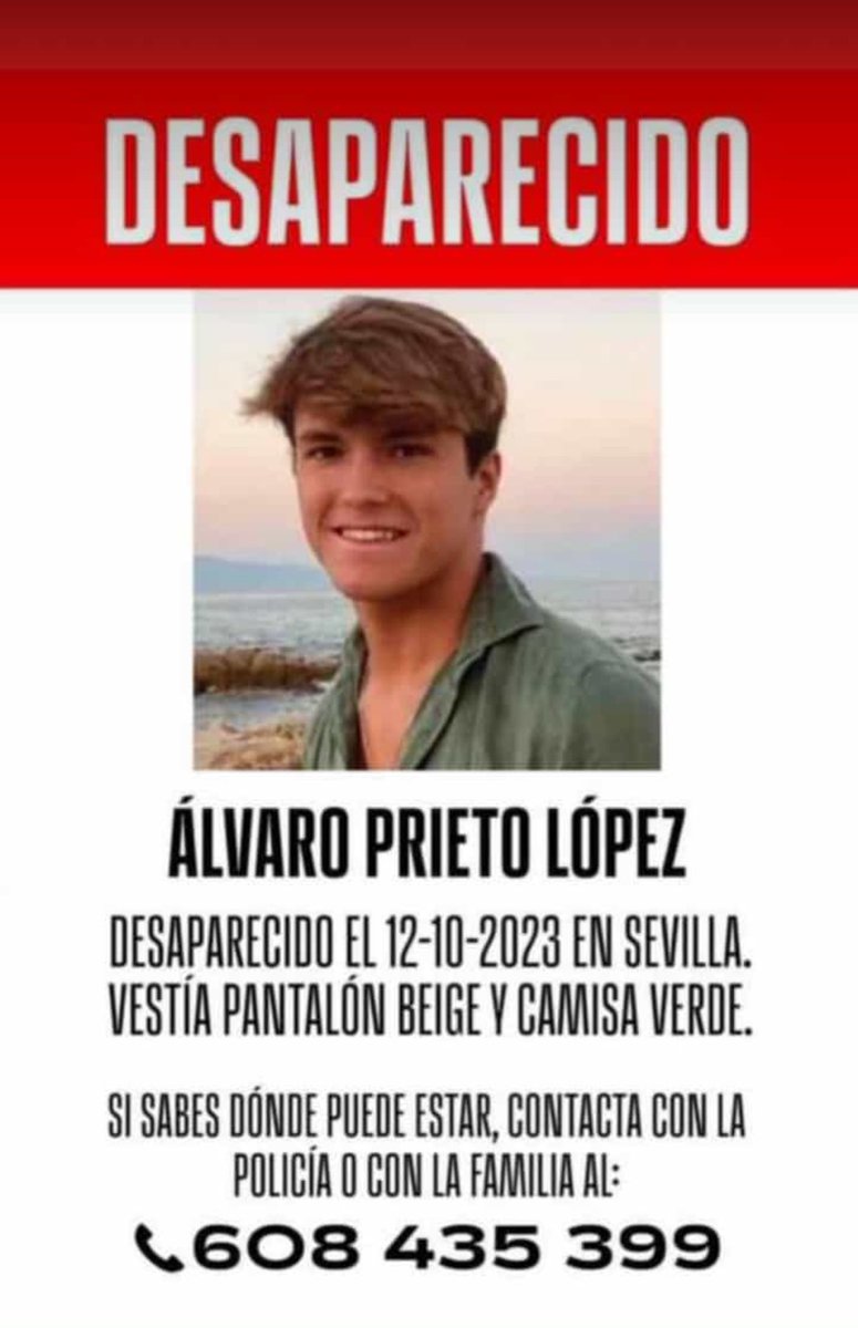 Seguimos sin encontrar a Álvaro Prieto, cordobés de 18 años desaparecido en Sevilla la mañana del 12 de octubre. 
Es hijo de una compañera procuradora.
Seguimos difundiendo y rezando.
Gracias por colaborar.
RT.
🙏🏽