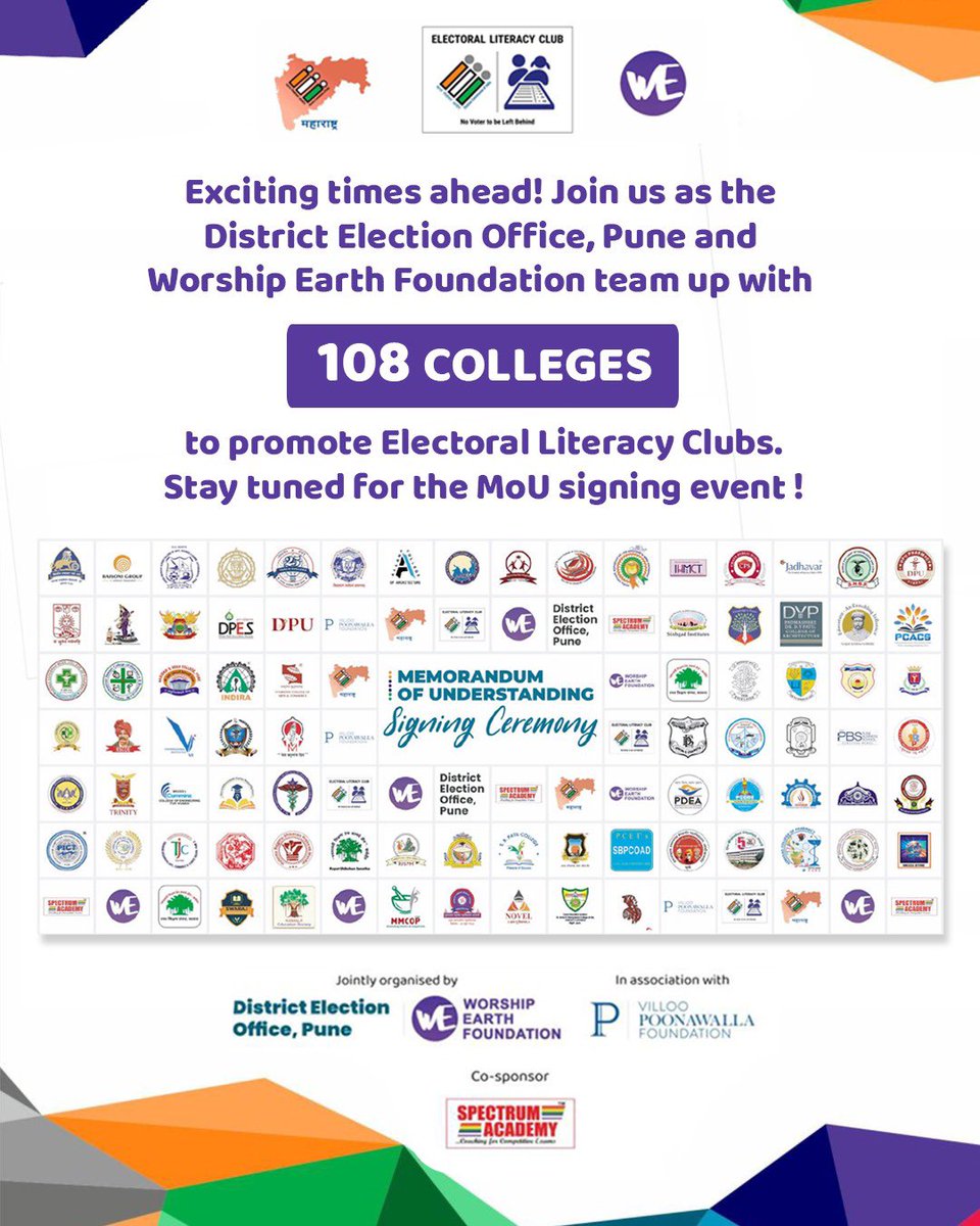 Exciting times ahead! Join us as the District Election Office, Pune and Worship Earth Foundation team up with 108 colleges to promote Electoral Literacy Clubs. Stay tuned for the MoU signing event! 🤝🗳️ #ElectoralLiteracy #ElectoralLiteracyClub #ELC2.0 #Partnership #Empowerment