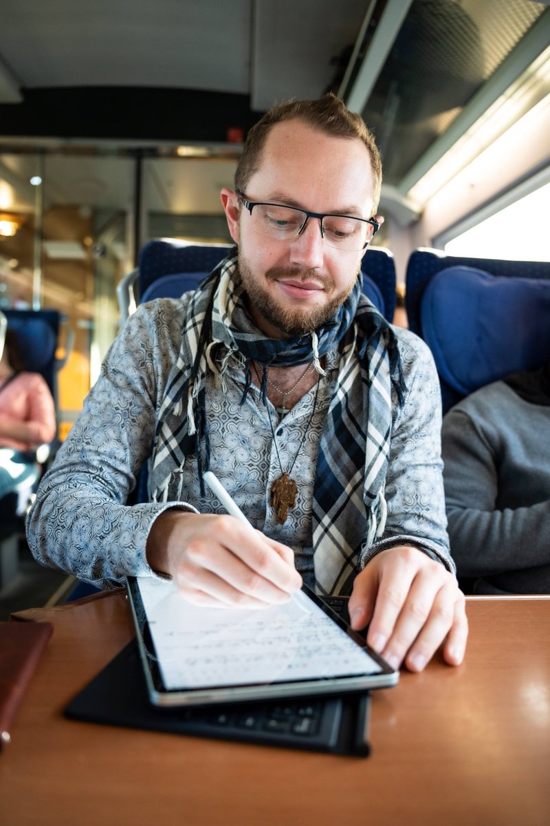 Testing and working with the Samsung Galaxy Tab S9 FE while being on the train to visit my sister and her baby (he has an iPad 9). Any questions about the S9 FE for my review?