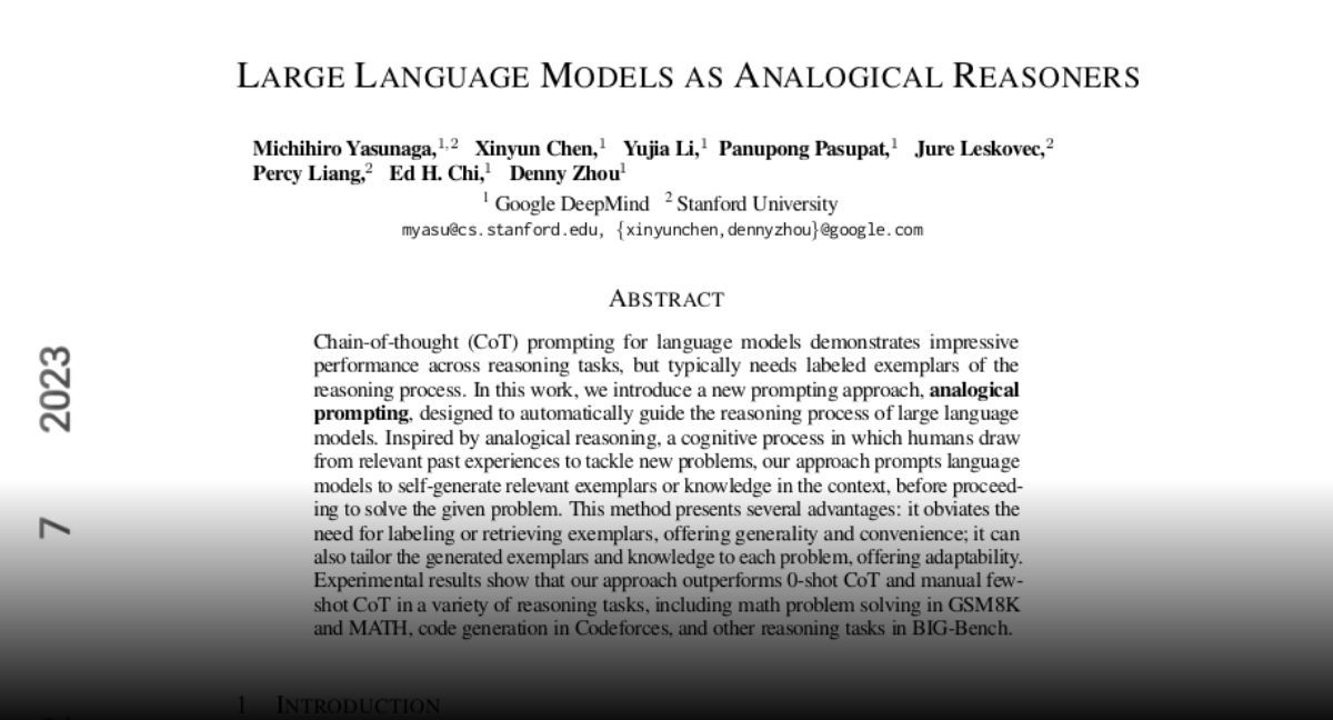 The need of Reasoning Process in #MachineLearning #XAI Paper page - Large Language Models as Analogical Reasoners buff.ly/3ZQAcKp v/ @huggingface #AI #GenerativeAI #AIEthics Cc @MarshaCollier @jblefevre60 @Ym78200 @kalydeoo @DeepLearn007